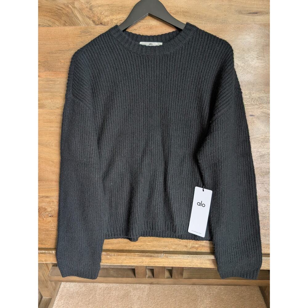 NWT Alo Yoga Sweater Womens M Black Knit Wool Cashmere Ribbed Noble Crew Neck